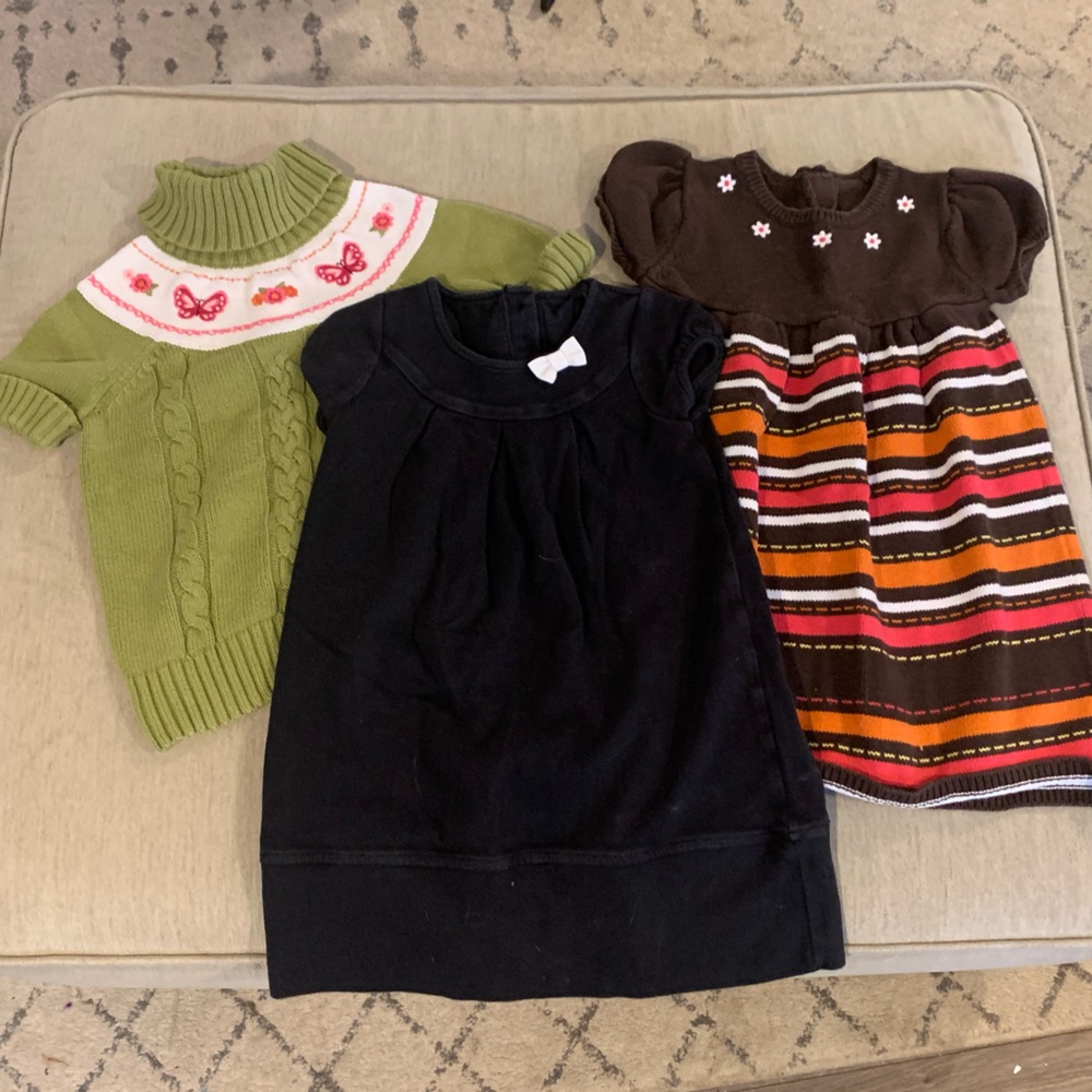 Gymboree- green sweater, brown and striped sweater dress, and navy dress.